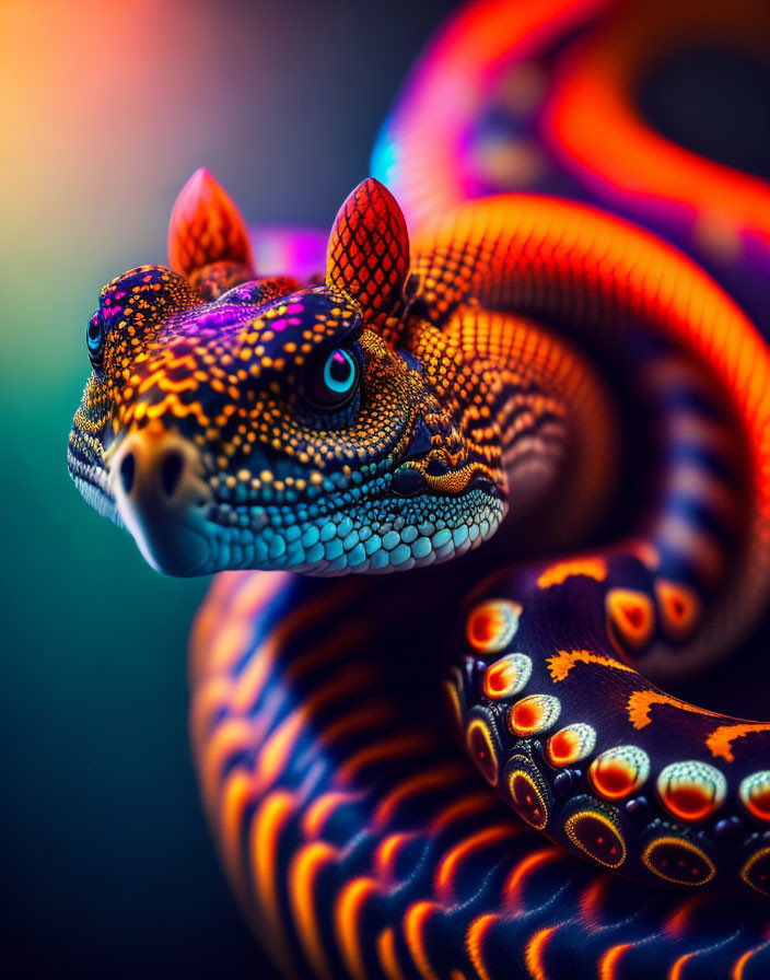 Colorful Snake Image with Vibrant Scales in Orange, Blue, and Yellow