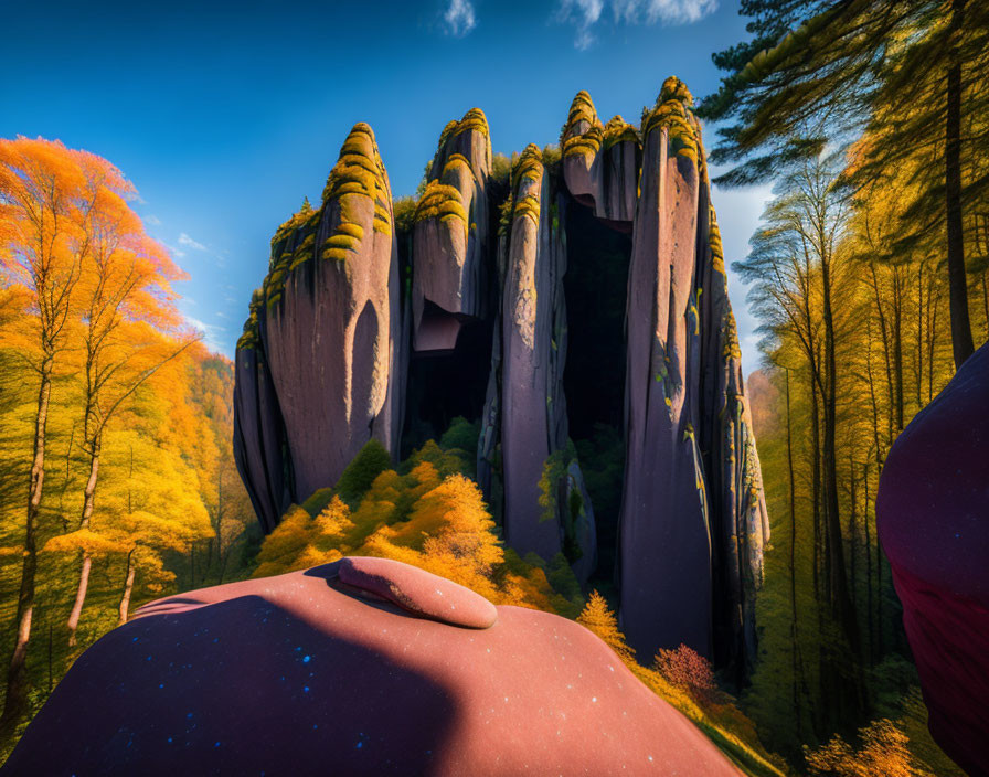 Majestic forest with golden trees and moss-covered rocks under blue sky