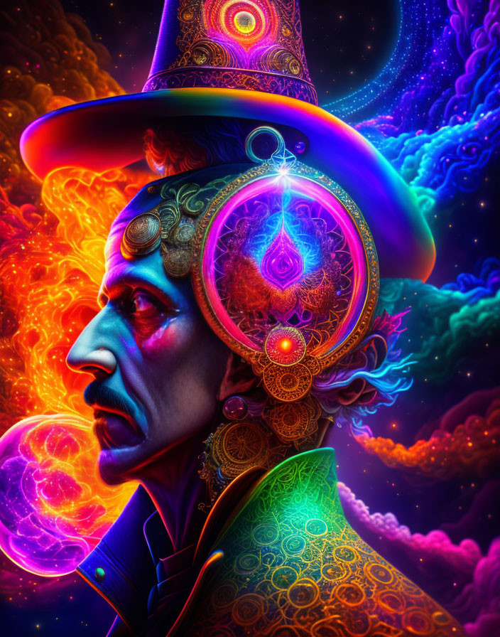 Colorful digital artwork featuring person in cosmic attire.