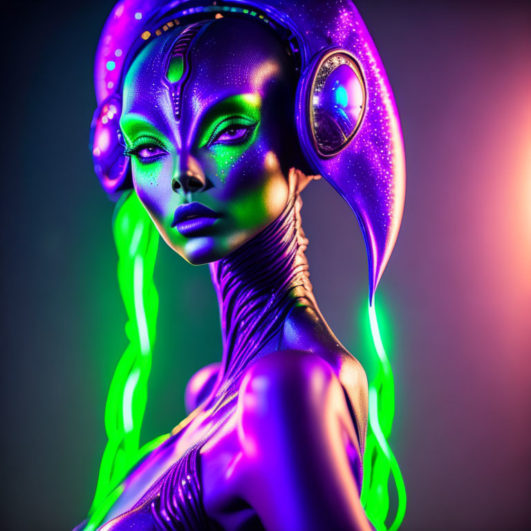 Colorful digital artwork featuring an alien female with purple skin and neon green braids