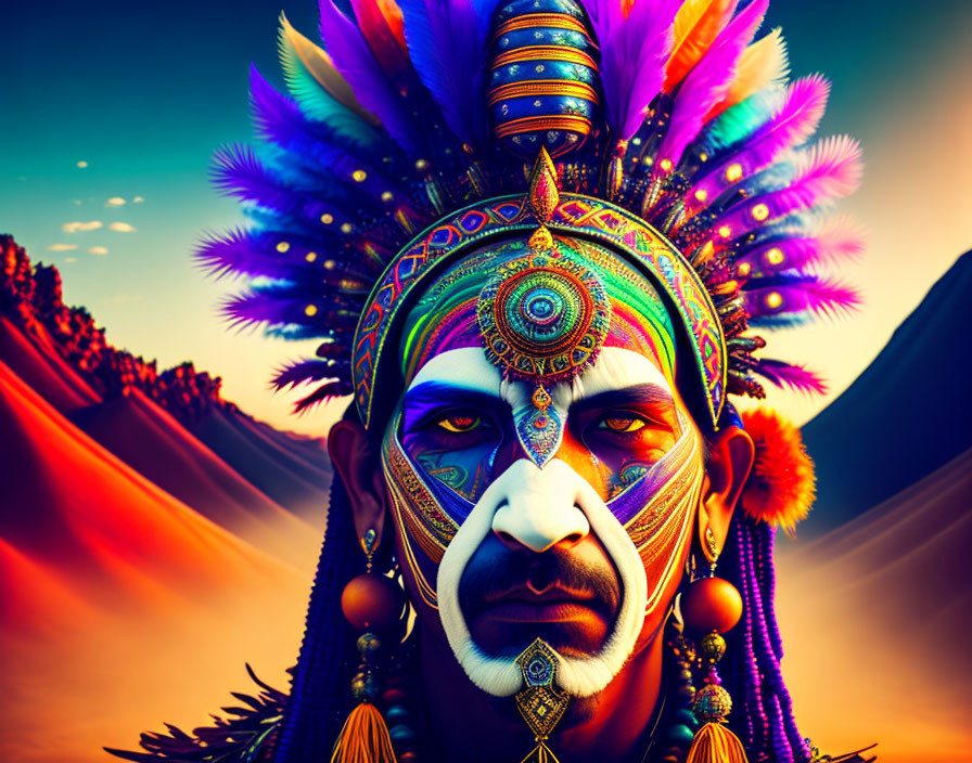 Colorful Indigenous-Inspired Artwork with Psychedelic Mountain Background