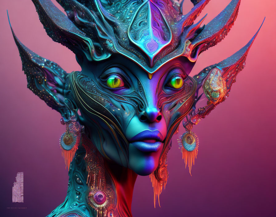 Blue-skinned fantasy creature with horned headdress and green eyes on gradient backdrop.