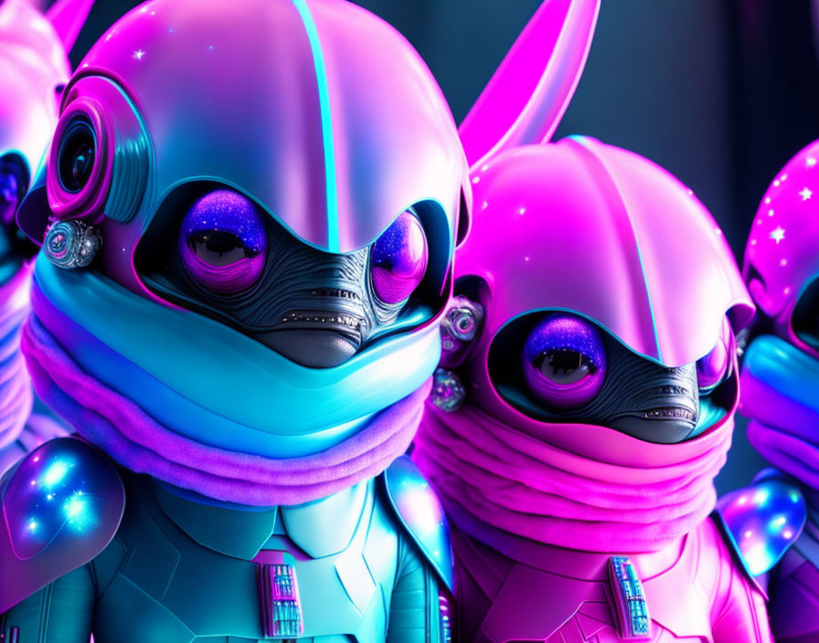 Colorful digital art: Stylized figures in glossy helmets and neon suits
