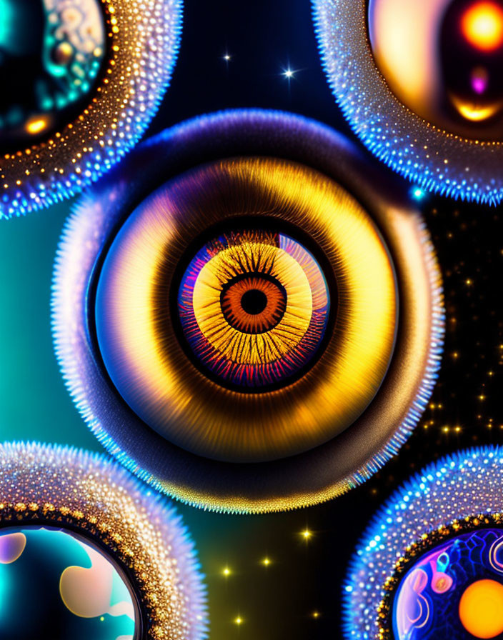 Colorful Abstract Eye Pattern with Orbs and Lights on Dark Background