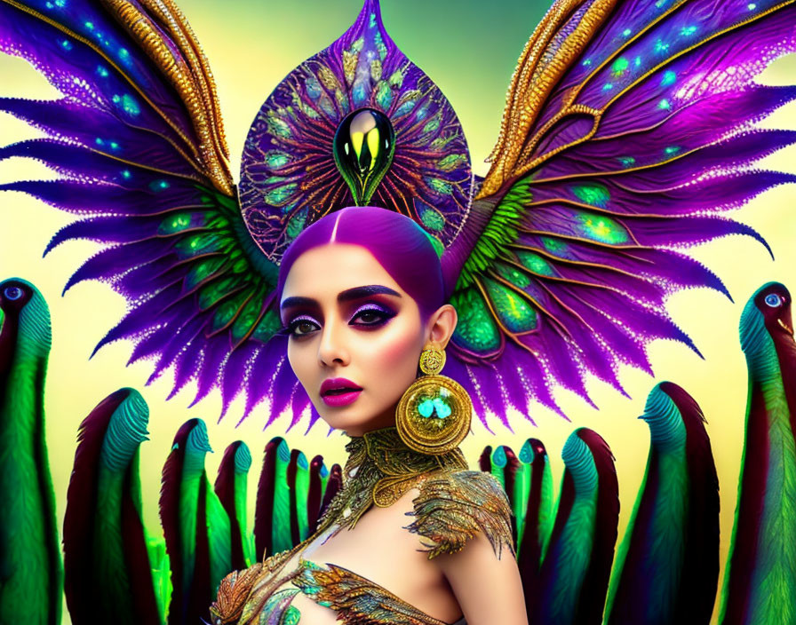 Colorful digital artwork: Woman with peacock makeup & attire, surrounded by iridescent feathers