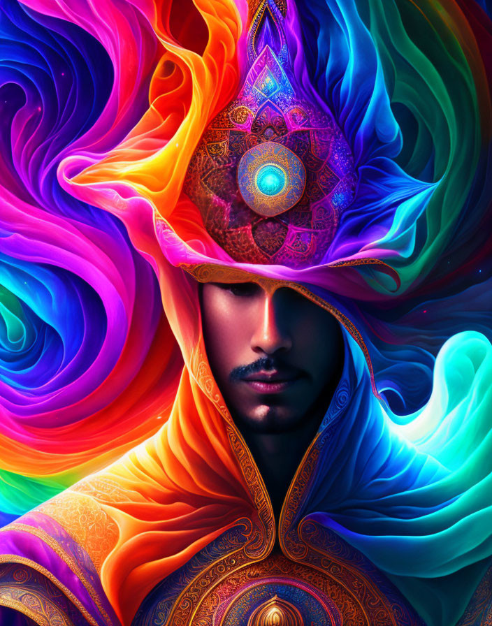 Colorful Digital Portrait with Turban and Psychedelic Background