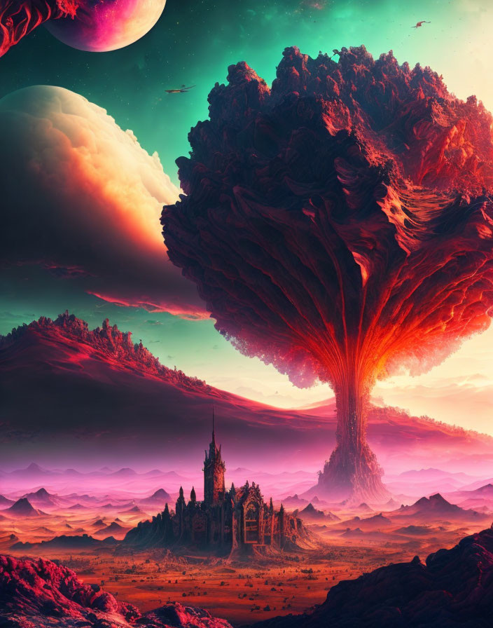 Fantastical landscape with massive tree, castle, and alien terrain