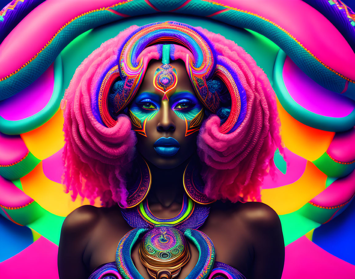 Colorful digital artwork: woman with pink hair, blue skin, neon body paint, psychedelic background