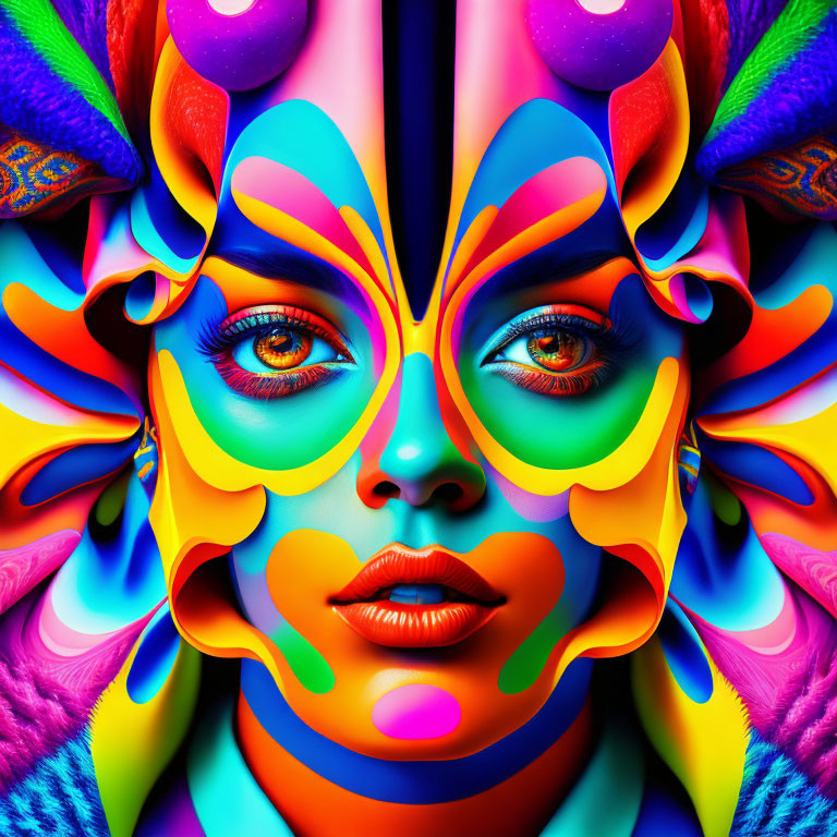 Colorful symmetrical face art with tribal and modern elements