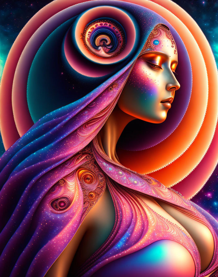 Colorful digital artwork: Woman with cosmic patterns and swirling celestial motifs