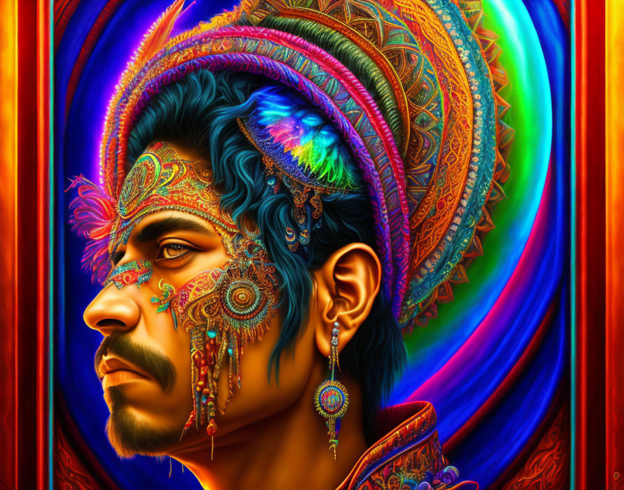 Colorful Digital Portrait of Man with Ornate Headdress & Peacock Feathers