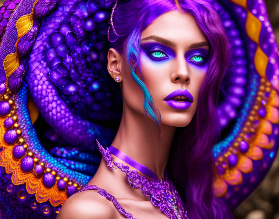 Woman with vivid purple makeup and blue eyes against intricate purple backdrop