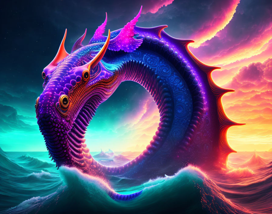 Mythical sea serpent digital artwork at sunset