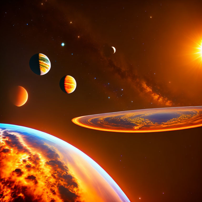 Cosmic space scene with planets, sun, moon, and stars