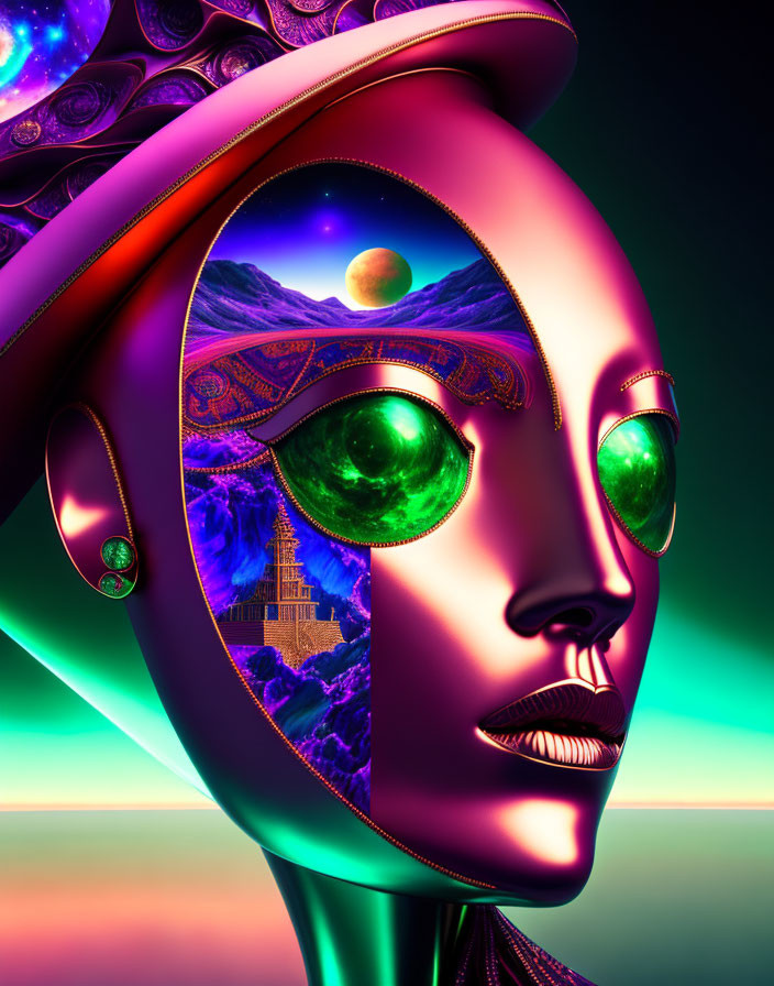 Vibrant digital art: stylized female figure with cosmic elements and surreal landscape.