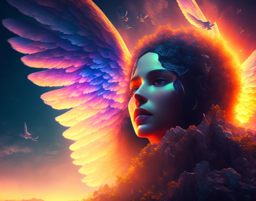 Fantastical portrait of person with vibrant blue wings and glowing orange aura surrounded by birds in twilight sky