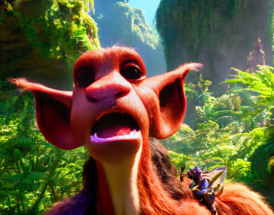 Surprised animated creature with large ears in lush forest