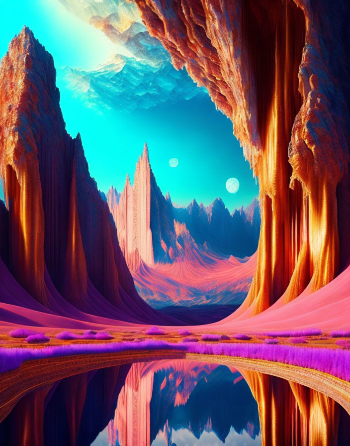 Surreal landscape with orange cliffs, blue water, dual moons, and purple flora