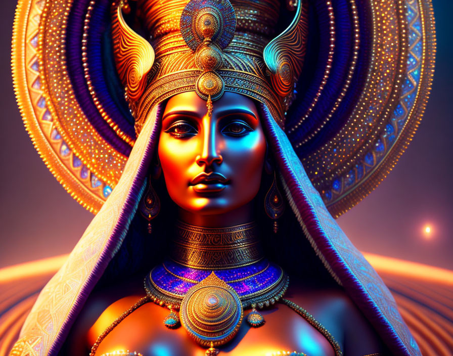 Elaborate gold and blue headdress on female figure against warm mandala background