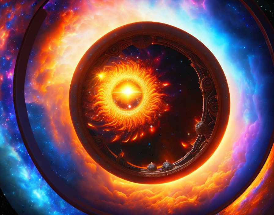 Cosmic illustration of ornate circular portal with fiery edges and sun-like eye surrounded by celestial bodies.