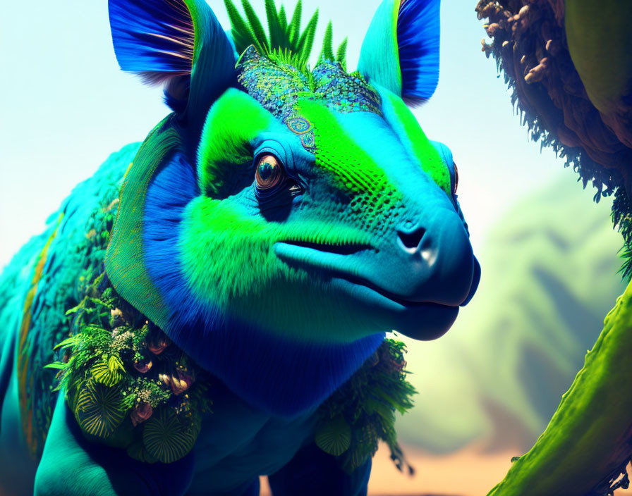 Vibrant blue and green fantastical creature with reptilian features