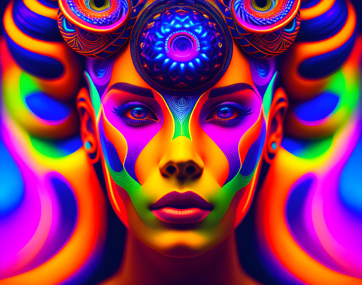 Symmetrical female face with neon colors and psychedelic patterns