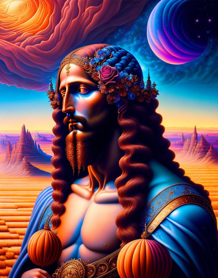 Colorful digital art: stylized man with long hair in ornate attire against fantastical orange landscape