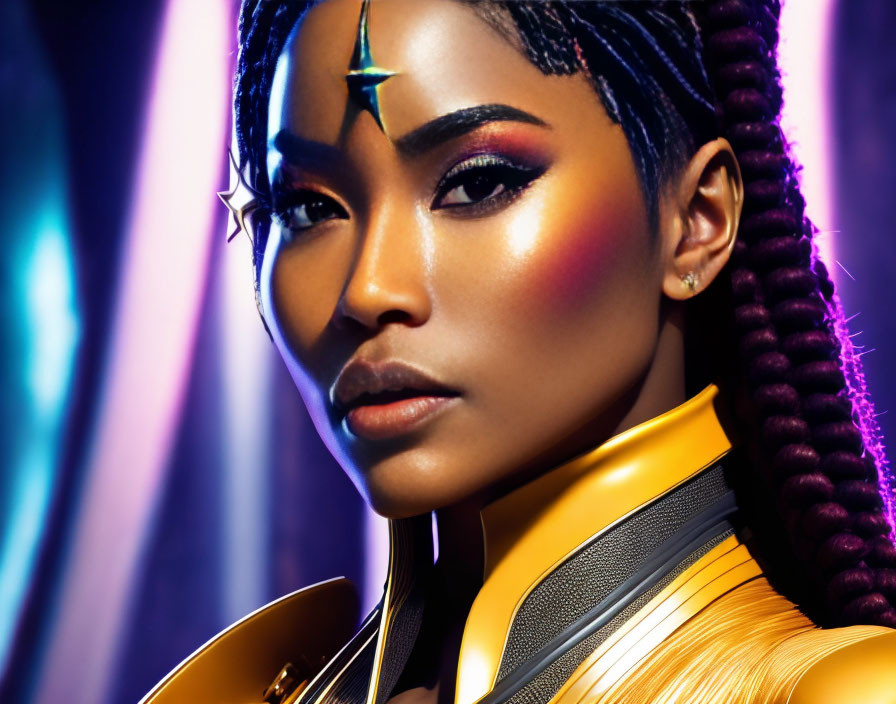 Woman with purple eyeshadow, star adornments, braided hair, and yellow outfit