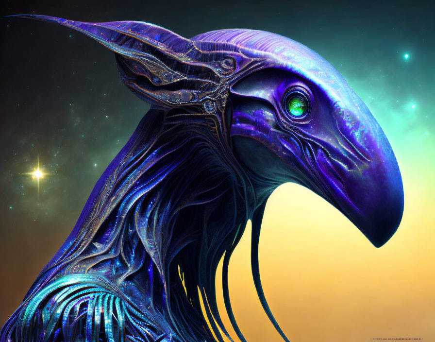 Colorful metallic bird-like creature in futuristic armor on starry background