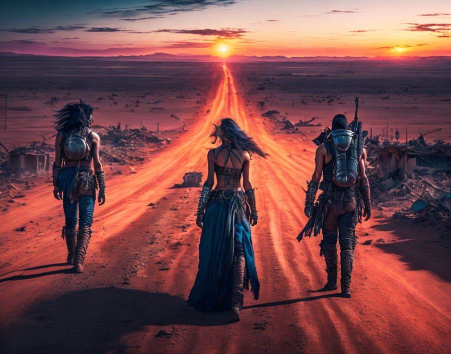 Three People in Post-Apocalyptic Attire Walking in Desert Landscape