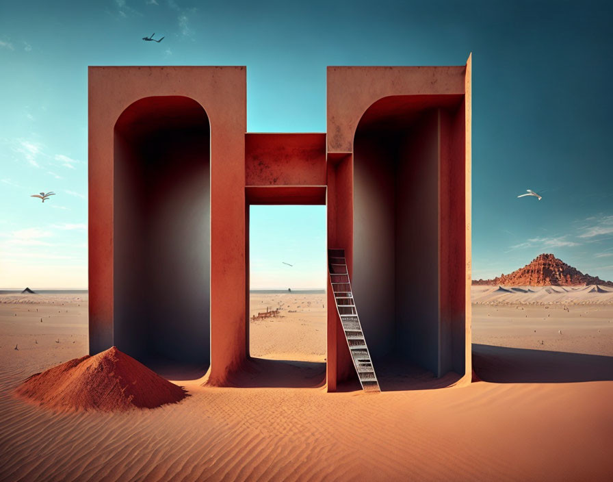 Surreal desert scene with large metallic "H" structure and birds flying