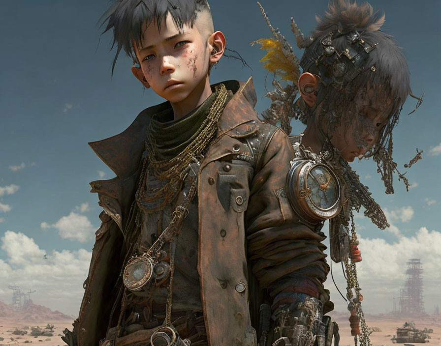 Young individuals in post-apocalyptic attire with eclectic accessories in desolate landscape