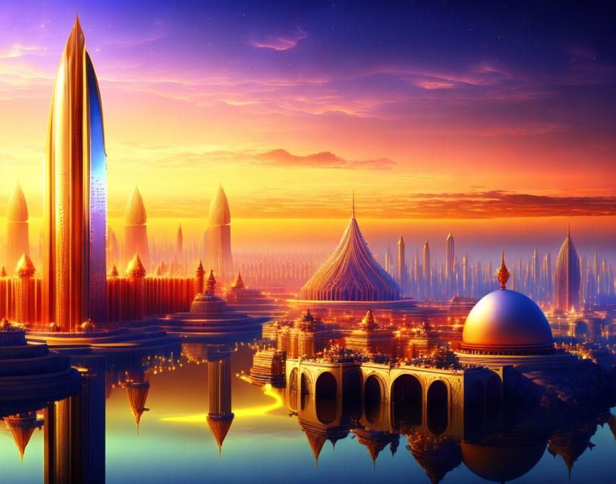 Futuristic cityscape with towering spires at sunset