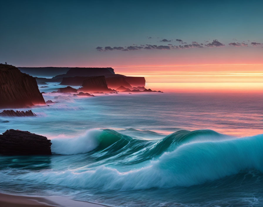 Scenic sunset over rugged coastline with crashing waves and layered cliffs