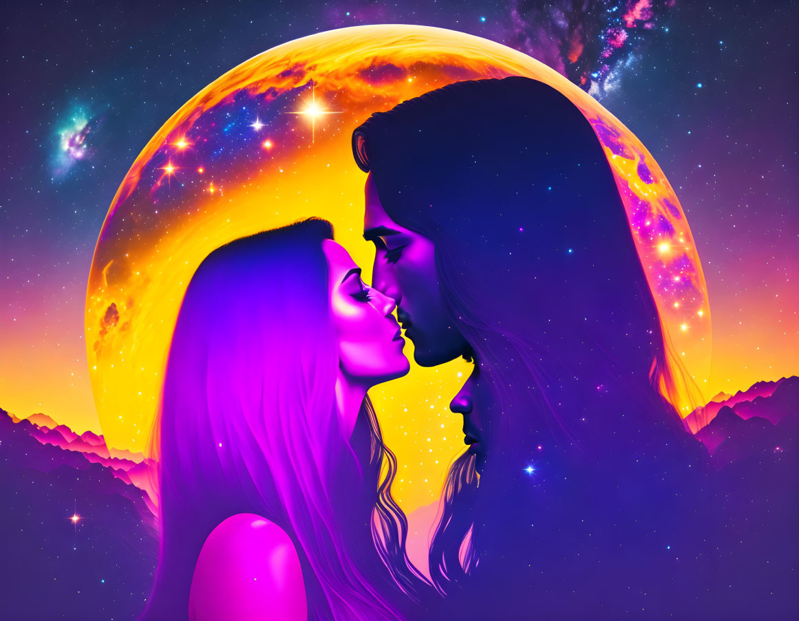 Colorful digital art: Silhouettes kissing under cosmic sky