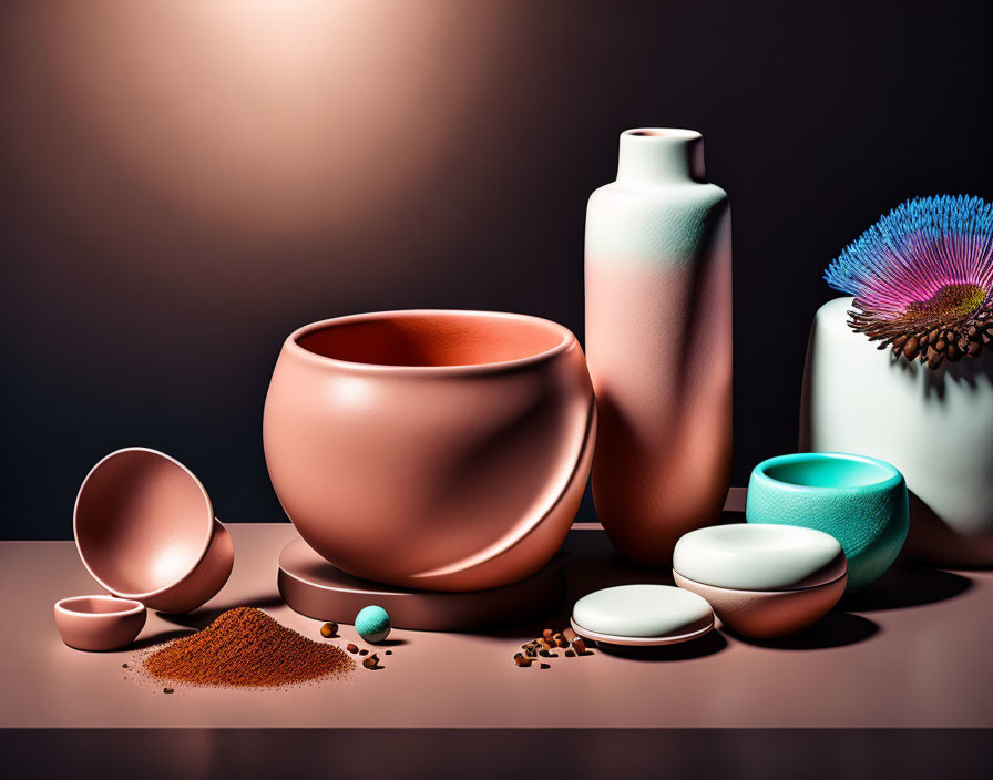 Ceramic vessels, spices, and flower on dark surface