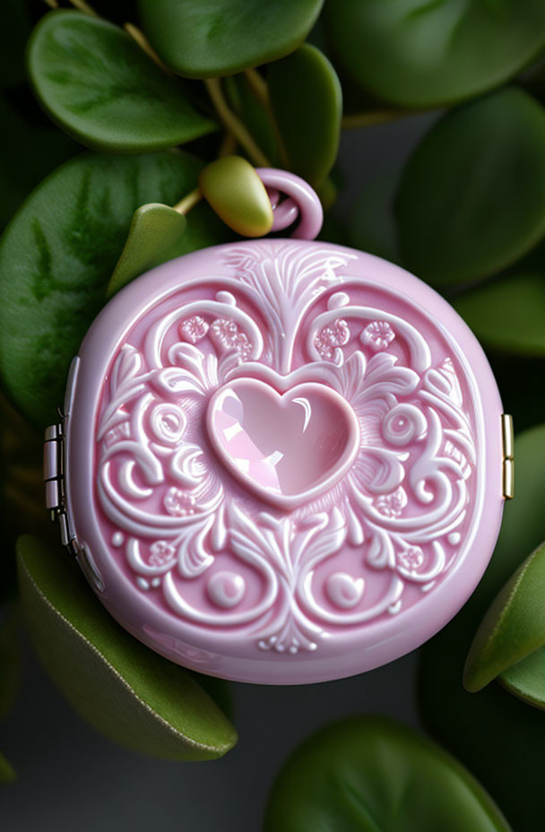 Pink Compact with Heart and Floral Design on Green Leaves