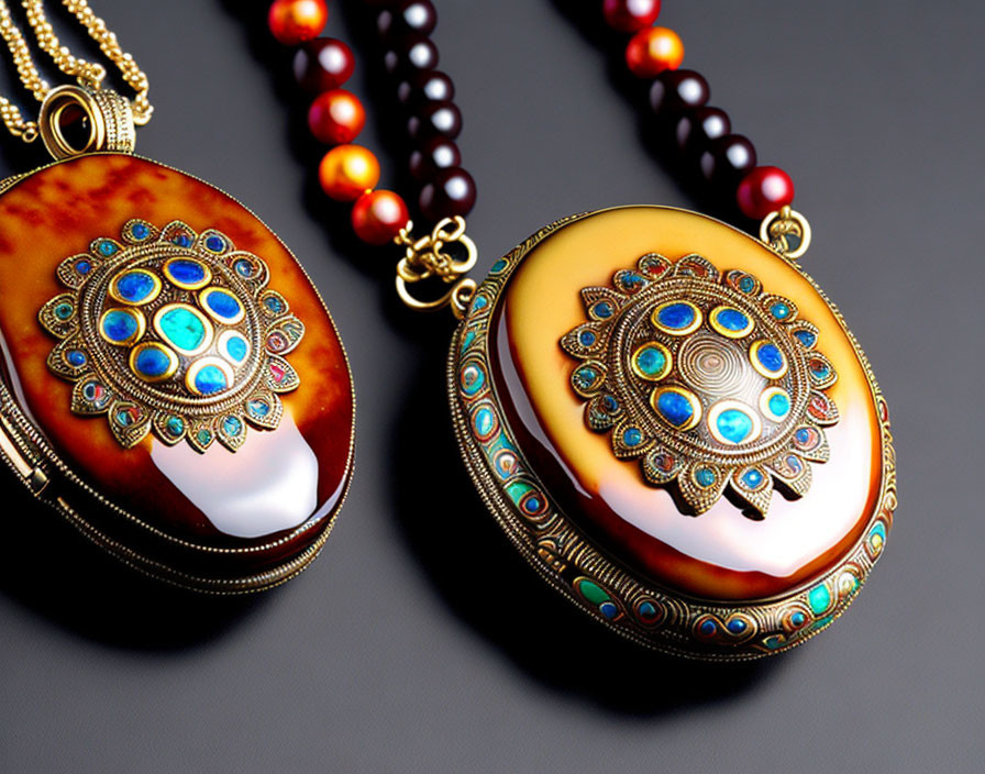 Ornate Pendant Necklaces with Beaded Chains and Intricate Gem Designs