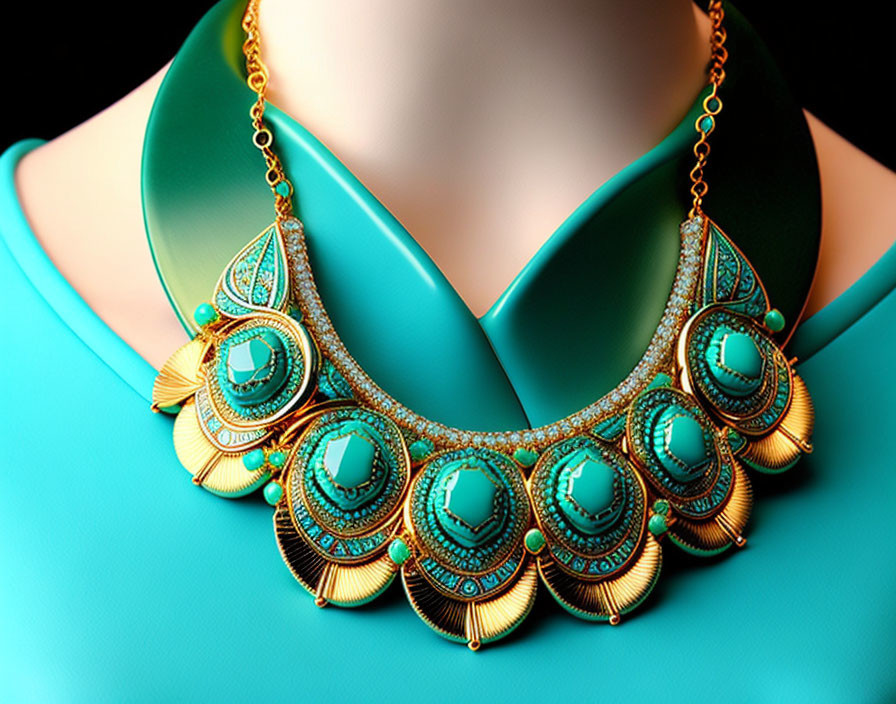 Luxurious Golden Necklace with Turquoise Inlay and Intricate Patterns on Mannequin