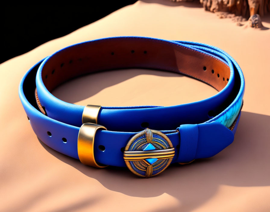 Blue Leather Belt with Golden Buckle and Intricate Designs on Sandy Background