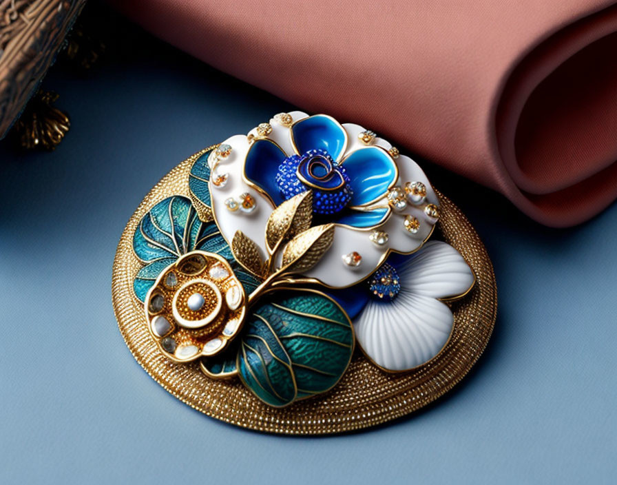 Colorful Enamel Flower Brooch with Gold Detailing and Crystal Accents