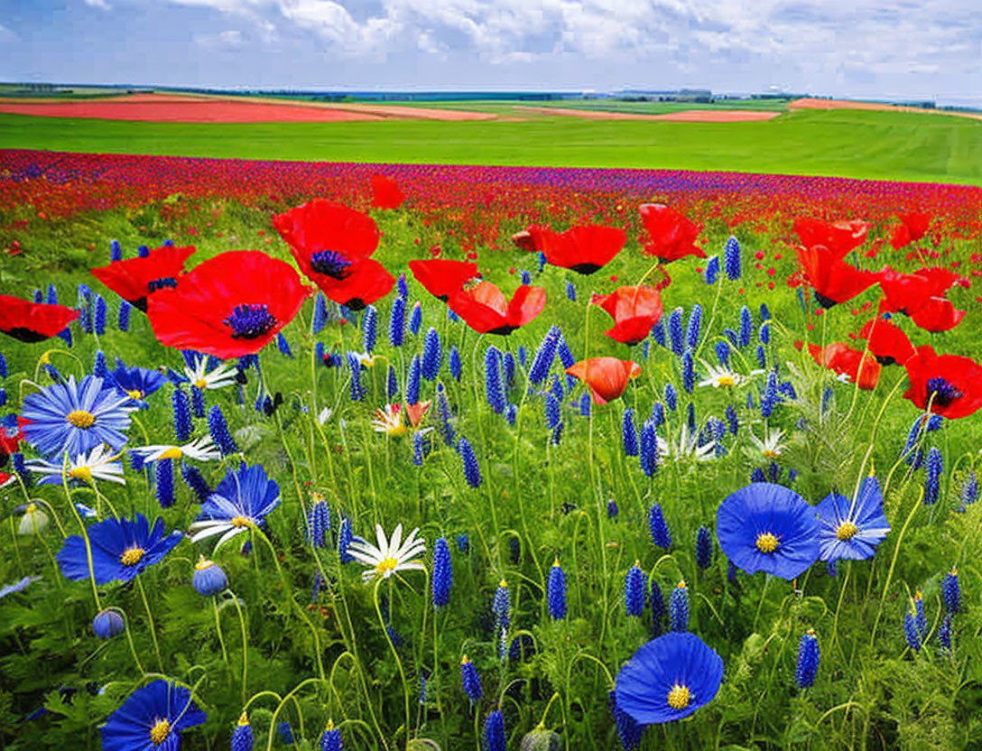 Colorful Field with Red Poppies and Blue Flowers Under Blue Sky