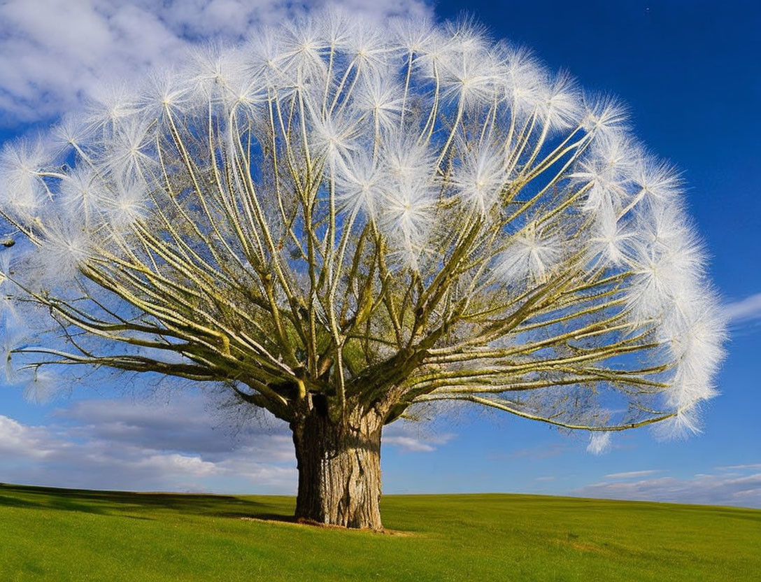 Tree branches with giant dandelion seed heads against blue sky