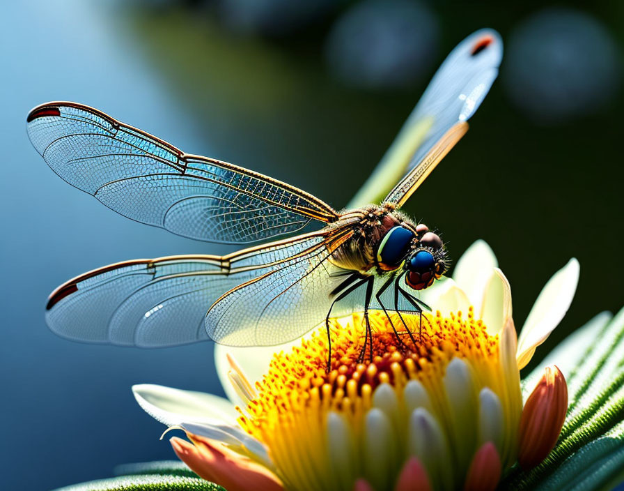 Dragonfly on vibrant flower with translucent wings and intricate vein patterns