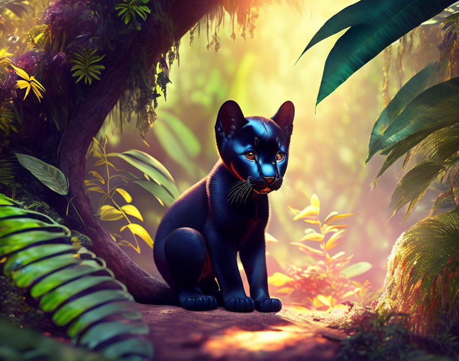 Black Cat with Blue Eyes in Enchanted Forest with Sunlight Filtering