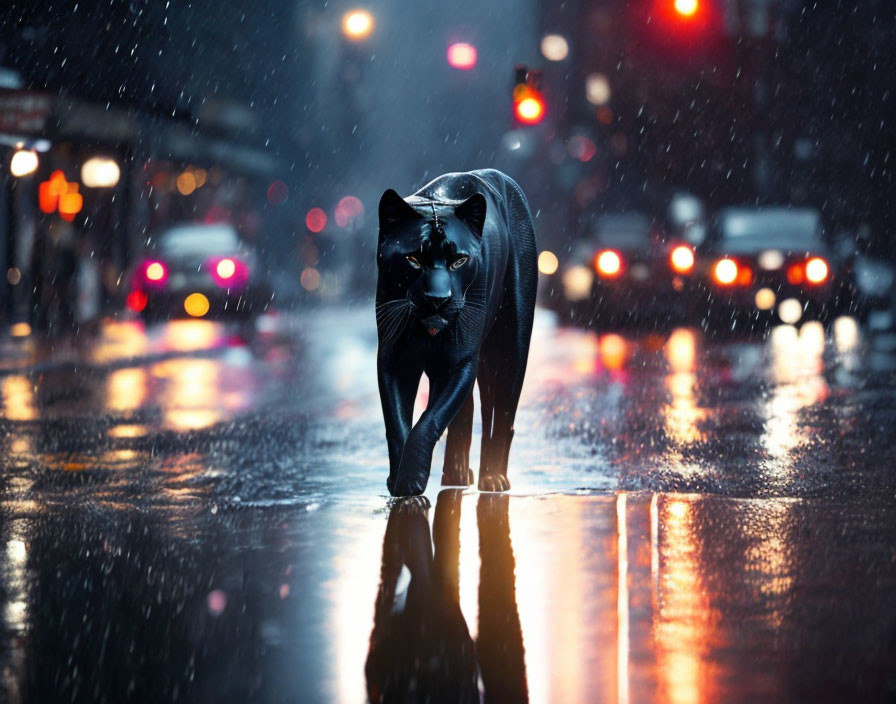 Panther walking in rainy city street at night