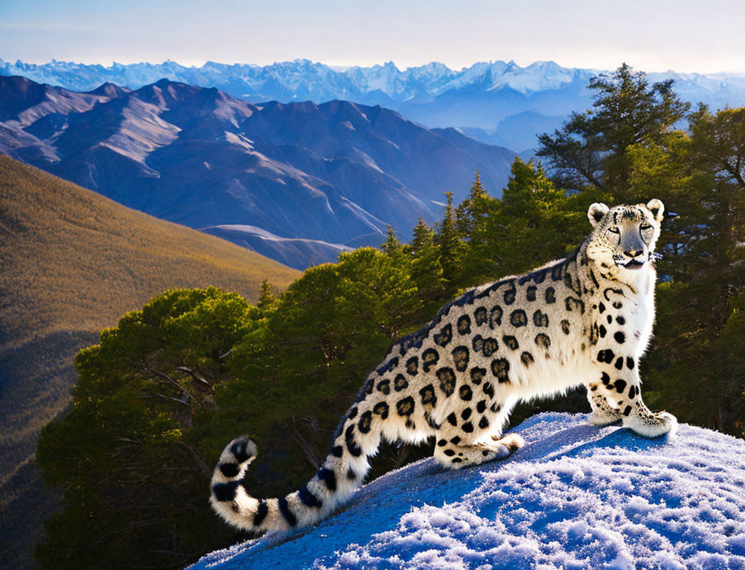 Snow leopard on snowy ridge overlooking mountain range.