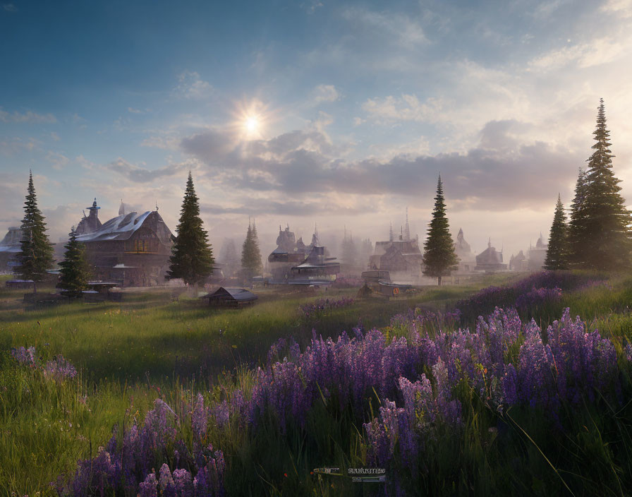 Tranquil village scene with purple flowers, pine trees, and soft sunlight