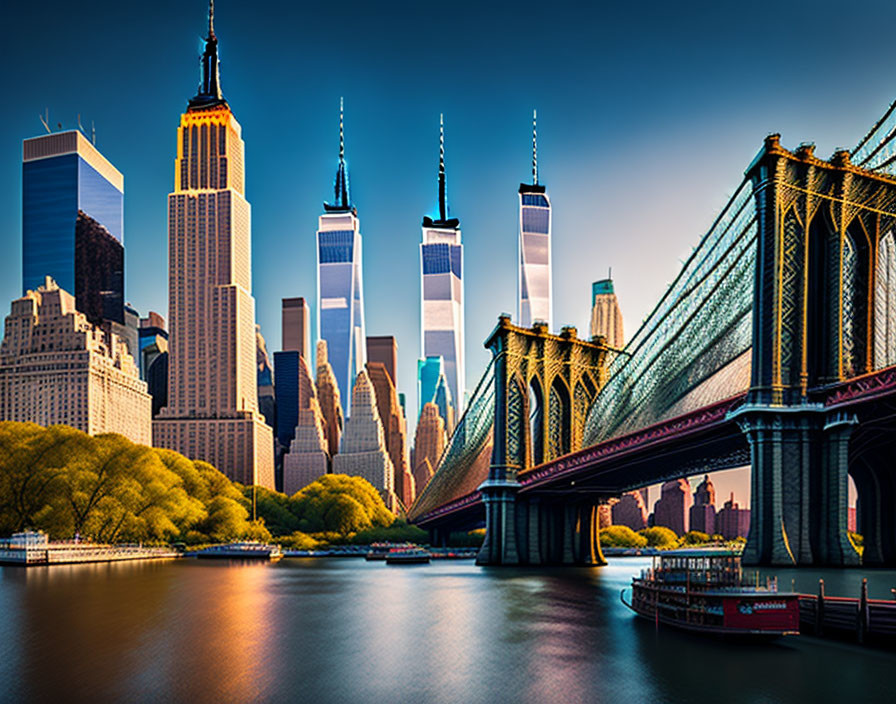 Iconic New York City skyline with Brooklyn Bridge and skyscrapers against clear blue sky and river reflection