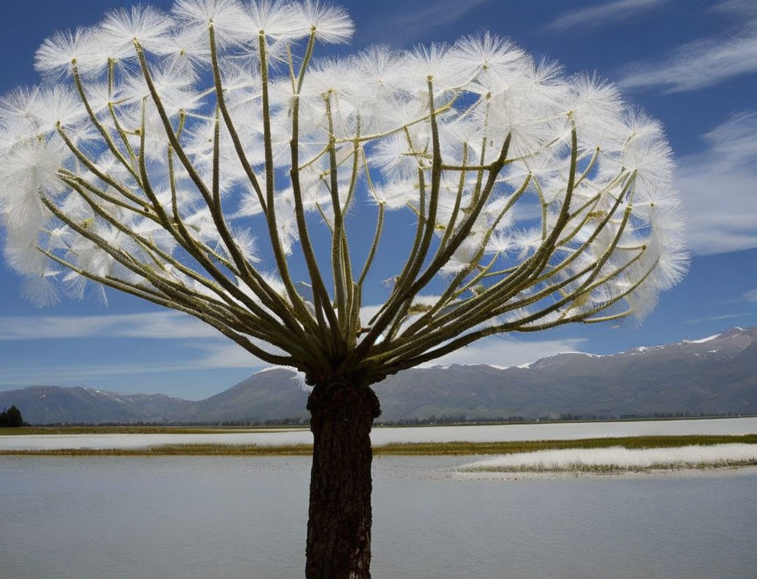 Tree with dandelion-like tufts by serene lake and mountains under blue sky